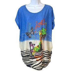 GABRIEL YE Jeweled Studded Side Ruched Sheer Top w/ High Heel Butterflies